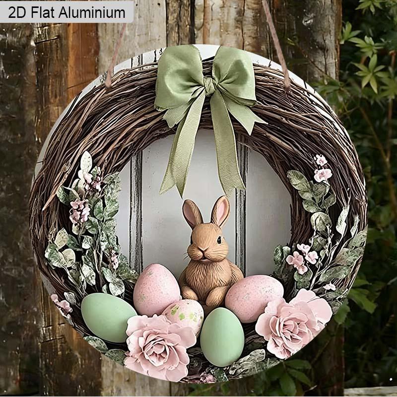 

2D Flat 1pc Easter Bunny Wreath Aluminum Decoration Plaque, Rattan Wreath Sign, Spring Front Door Decor, Home Decor, Garden Decor, Easter Holiday 7.87×7.87inch