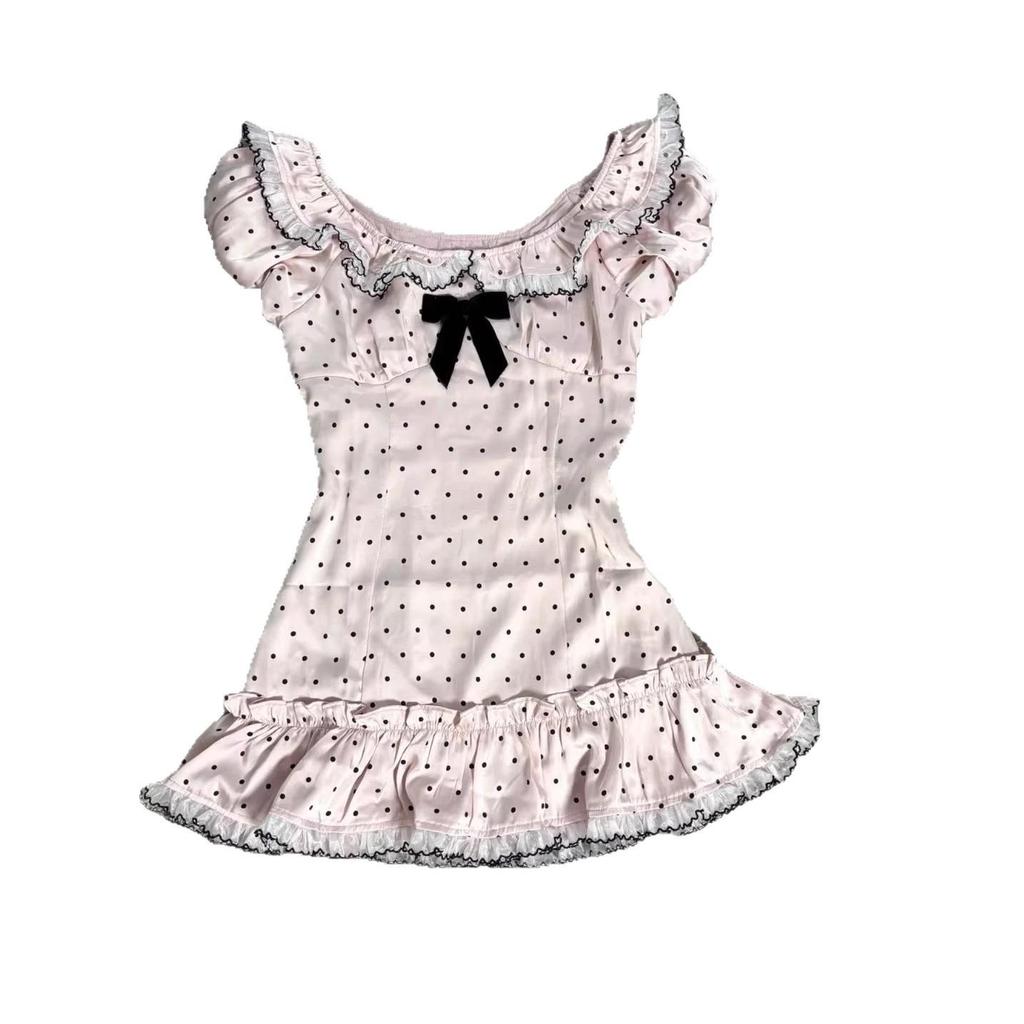 Y2K Sweet Polka Dot Slimming French Bow Short Sleeve T-shirt