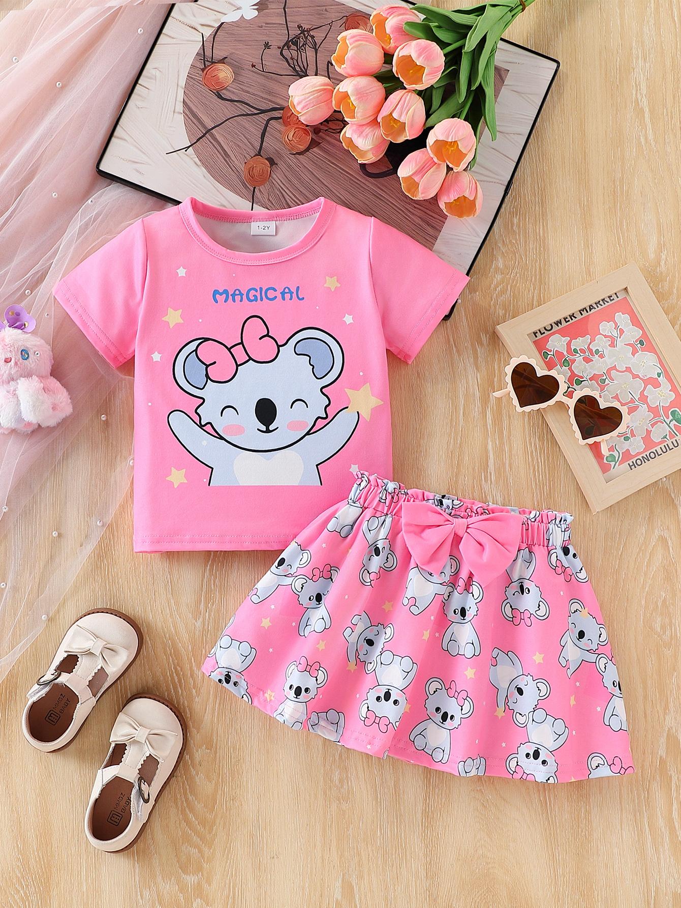 Little Girl 2 Piece Outfit Cute Koala Top High Waist Skirt with Big Bow Toddler Girl Princess Style Summer Clothes for Kids Party 1-2Y