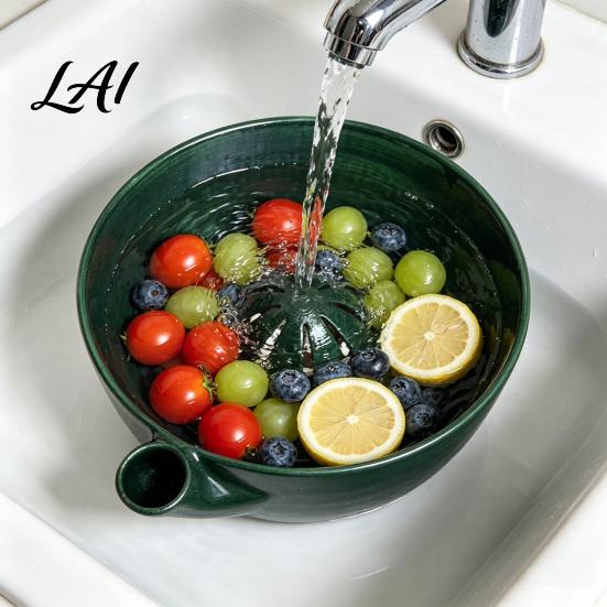Fruit Wash Colander Cleaner Berry Bowl with Drainage Holes Rinse Handmade Rustic Style Basket for Kitchen Countertop Rinsing