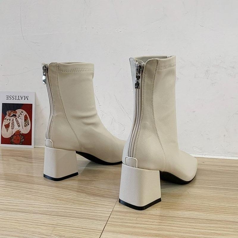 Martin Boots Women's New Women's Boots Winter Square Head Rear Zipper Short Boots Women's Thick Heel Medium Heel Boots Women's 6cm
