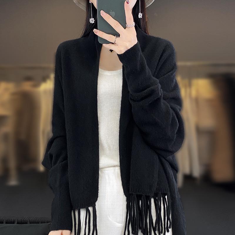 Casual Versatile Women's Pure Wool Tassel Knit Shawl Cardigan for Spring & Autumn