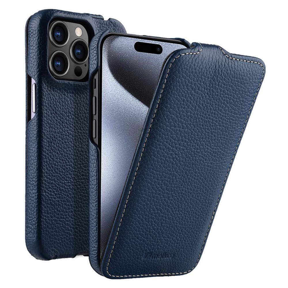 MELKCO For iPhone 15 Pro Max Case Litchi Texture Genuine Cow Leather+PC Vertical Flip Cover