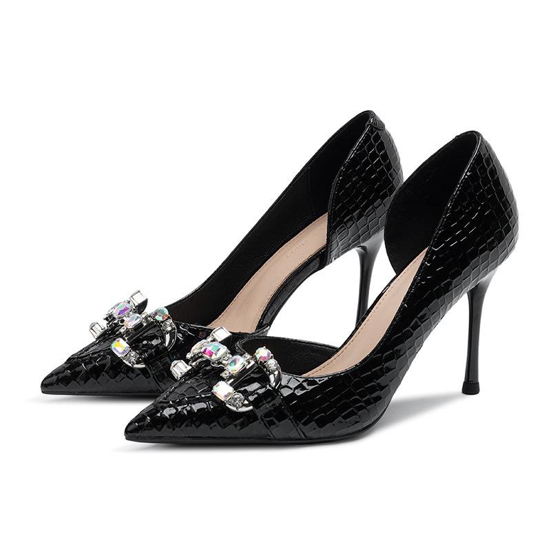 6-Niche Design Texture Side Empty High Heels Rhinestone Metal Buckle Stiletto Single Shoes Pointed Women's Shoes