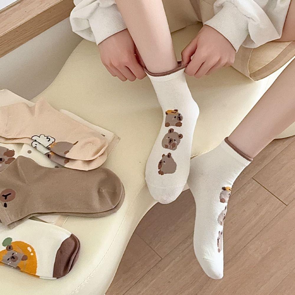 5Pairs Sweat Absorption Cartoon Capybara Socks Dot Non-Slip Capybara Mid-tube Socks Thin Soft Socks Women 5 Pairs