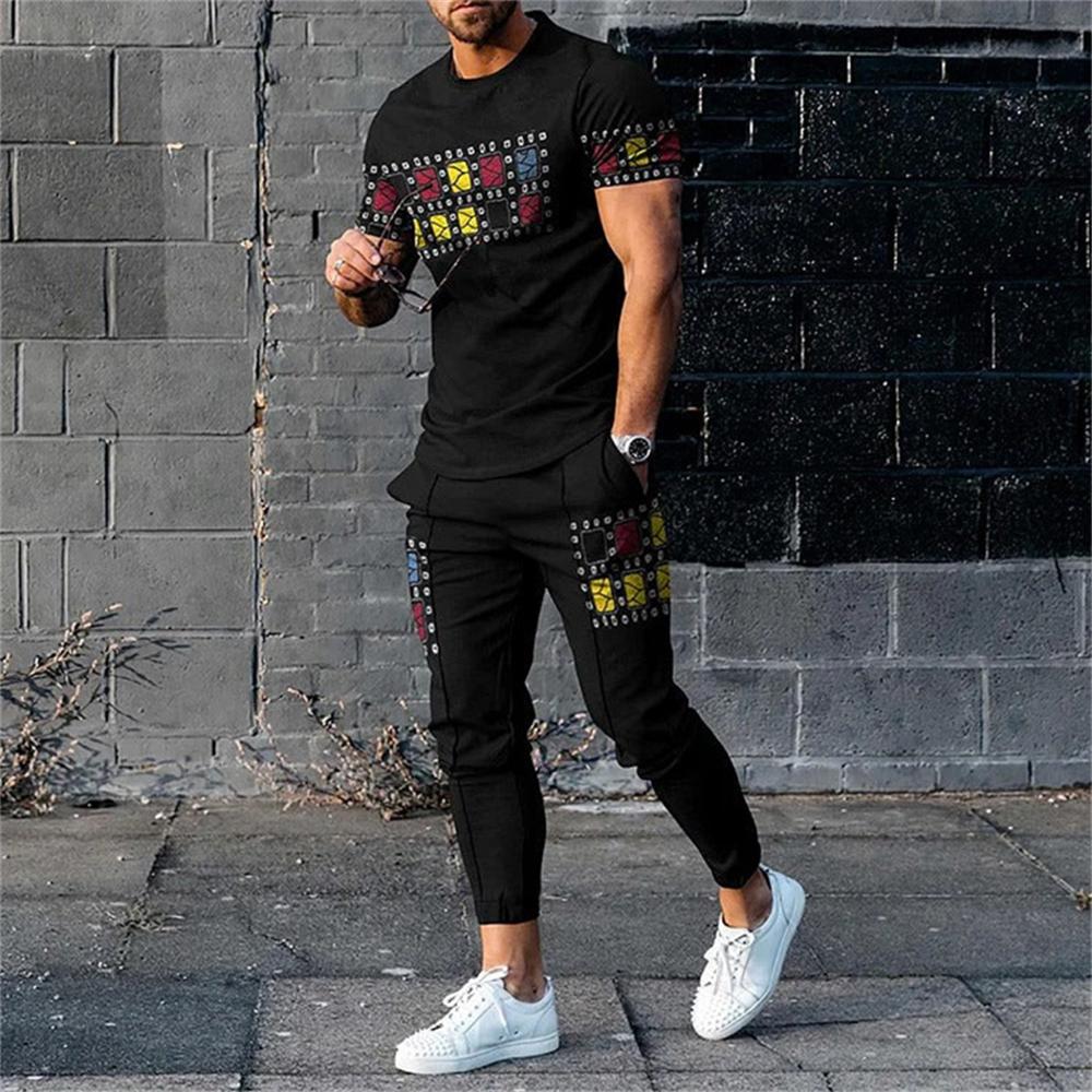 Men Summer T Shirt Pants 2 Piece Sets Print T-shirts Trousers Sportswear Suits Fashion Sweatpants Tracksuits Outfits Men Clothes