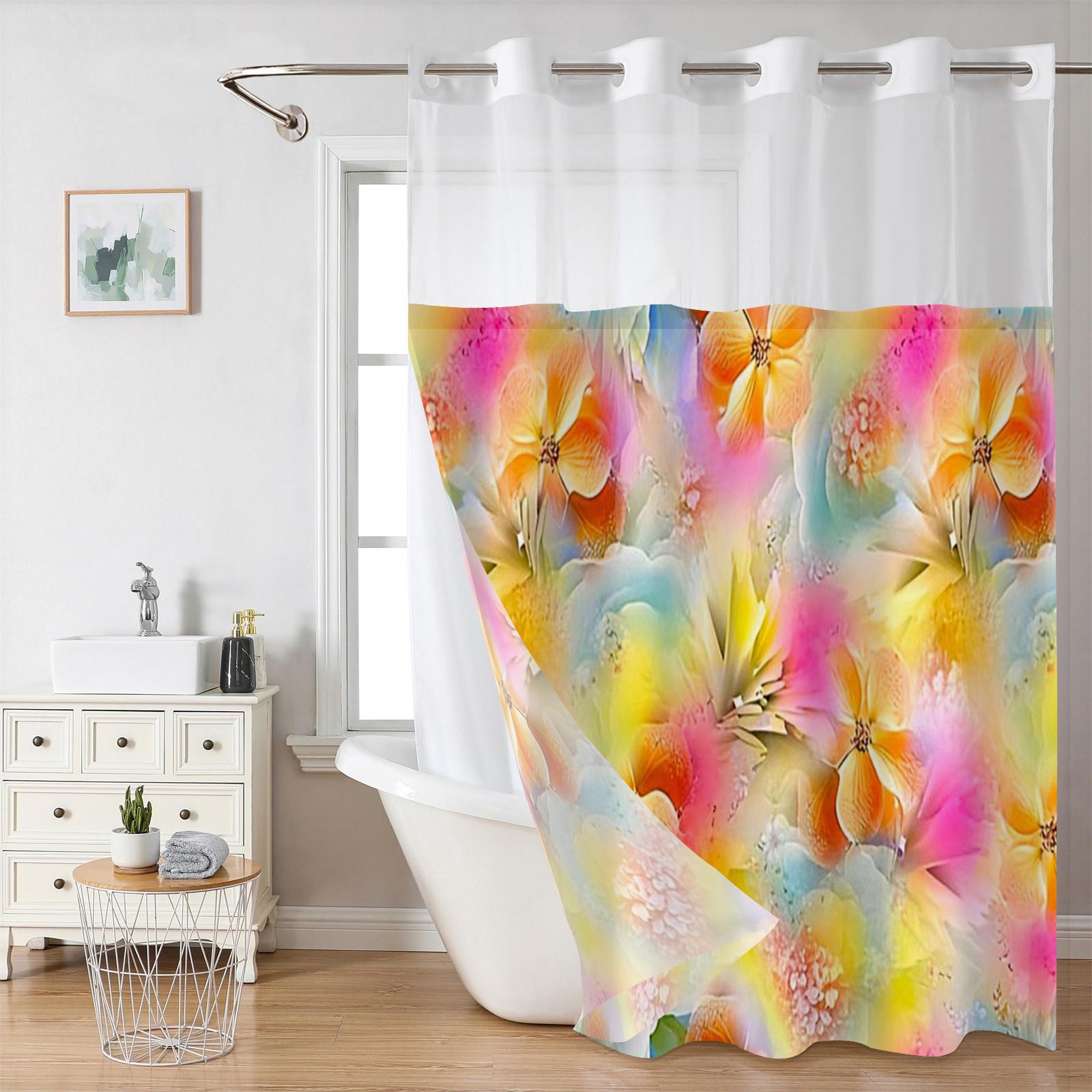 

No Hook Floral Pattern Shower Curtain With Snap-In Fabric Liner, Sheer Top Window, Waterproof Double Layer Bathtub Curtain 180X188cm синий