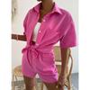 Completo Due Pezzi Donna: Camicia a Bottoni Manica Corta Vestibilità Larga e Pantaloncini a Vita Elastica