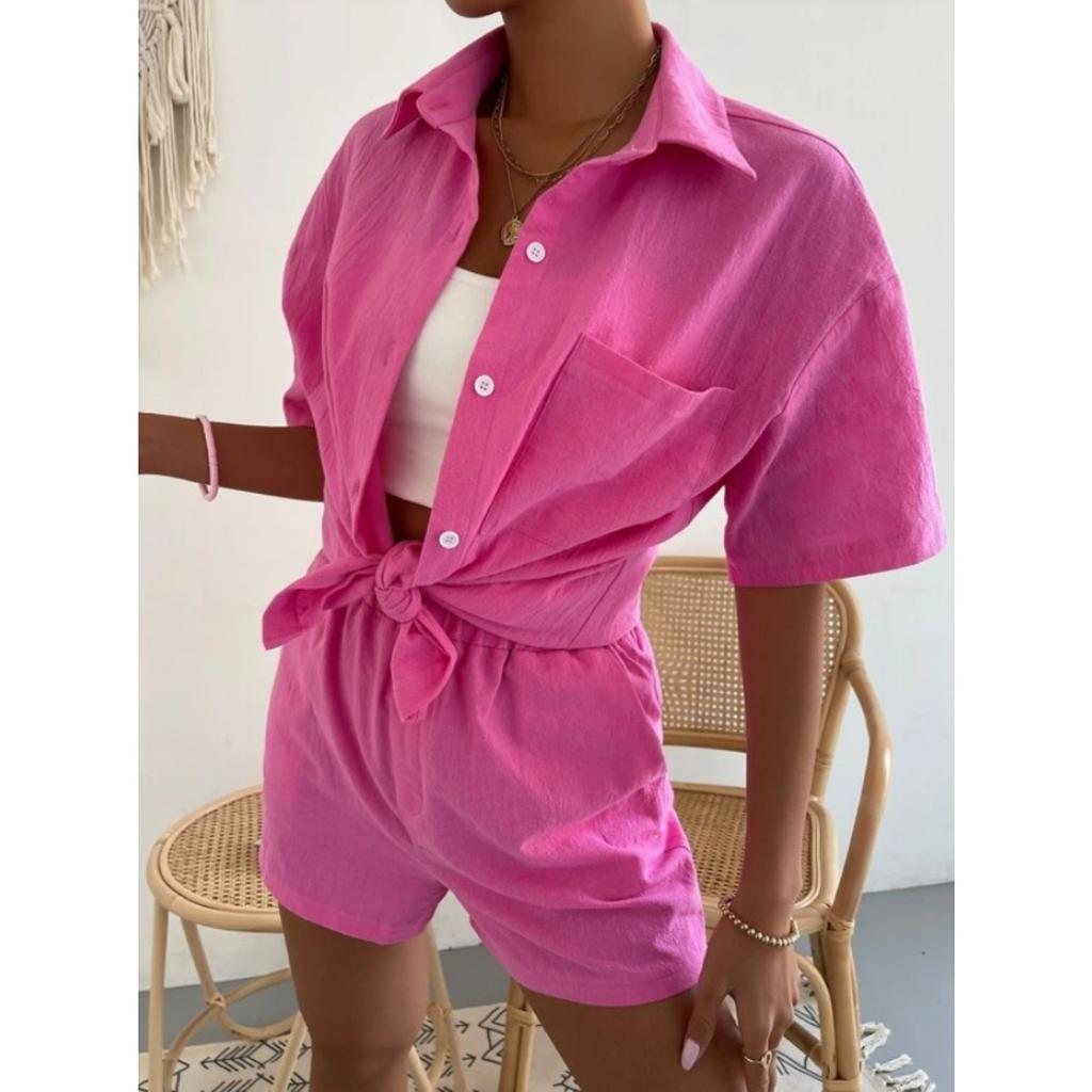 Completo Due Pezzi Donna: Camicia a Bottoni Manica Corta Vestibilità Larga e Pantaloncini a Vita Elastica