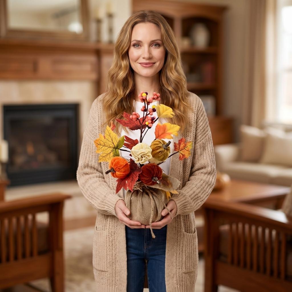 Artificial Pumpkin Floral Arrangement Tabletop Decoration with Burlap Base Fall Harvest Centerpiece for Home Office Seasonal Display