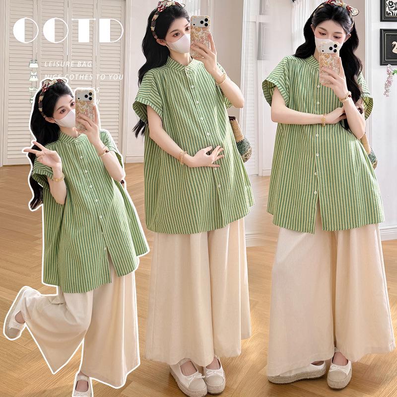 Korean-Style Maternity Casual Shirt & Wide-Leg Pants Set XL