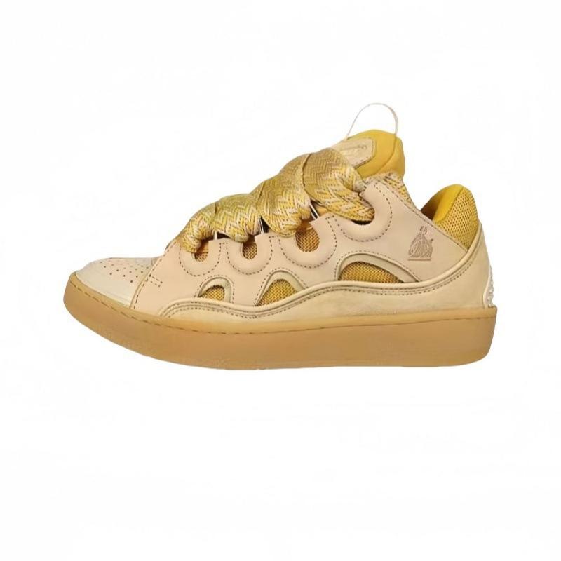 Leather Splicing Casual Shoes CURB Trend Sports Shoes White Green Mocha Men's and Women's Board Shoes Bread Shoes