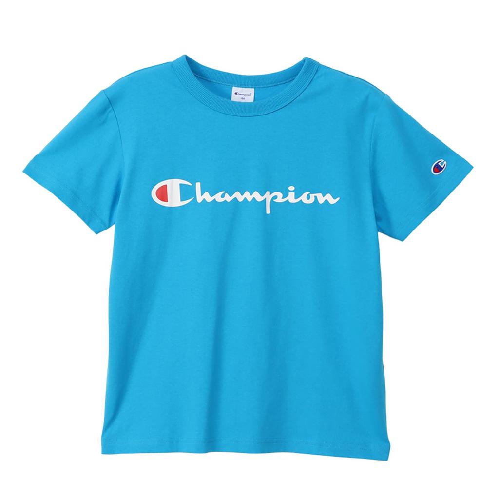 Champion Script Logo Short Crew Binder Rubber Aqua Size 160 Kids' T-Shirt, Sleeve, Neck, 100% Cotton, Neck, Print, Basic, Blue, (CK-Z302)