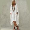 European-American Casual V-Neck Cotton Linen Irregular Dress with Seven Sleeves for Women
