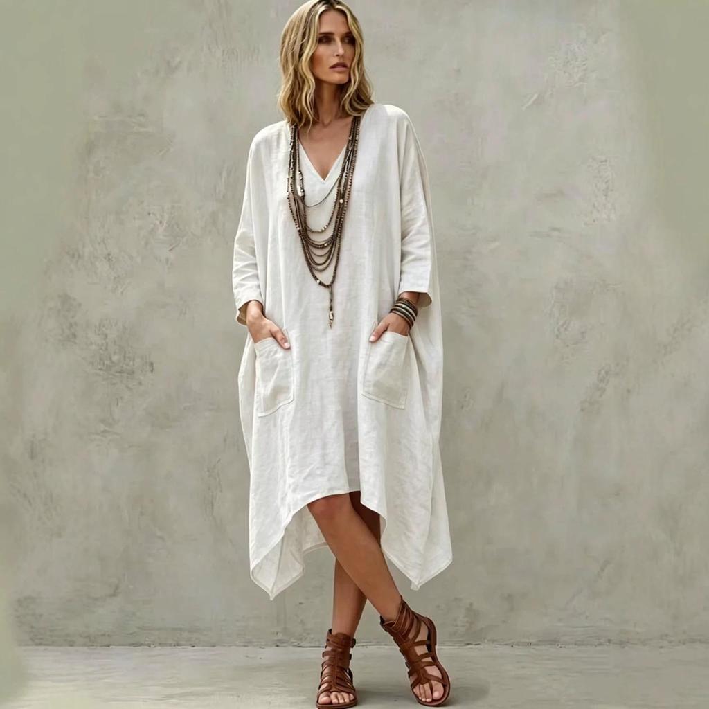 European-American Casual V-Neck Cotton Linen Irregular Dress with Seven Sleeves for Women