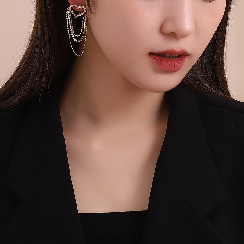 Love Tassel Multi-layer Chain Earrings Korean Heart-shaped Rhinestone Earrings Party Jewelry Gifts
