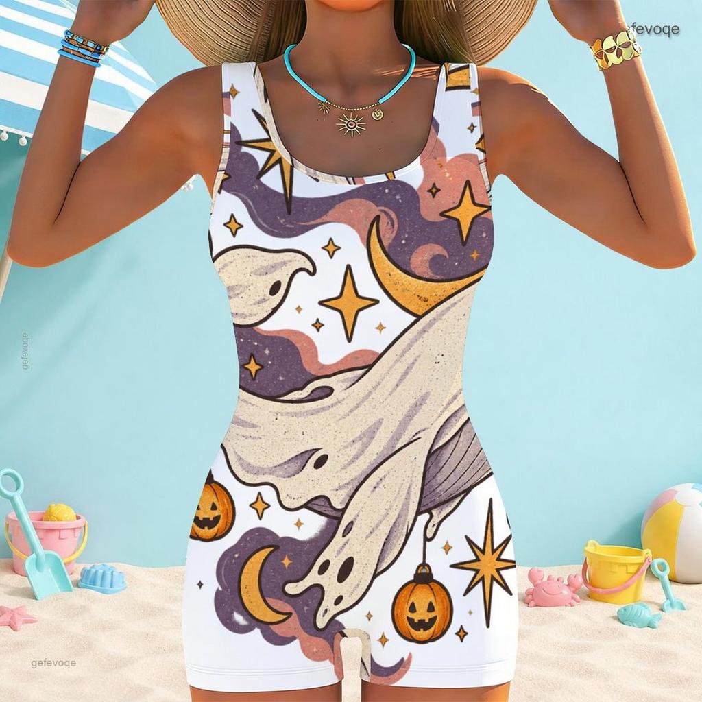 Women Plus Size White Square Neck Wide Straps One Piece Boyshort Swimsuit Ghost Pumpkin Print
