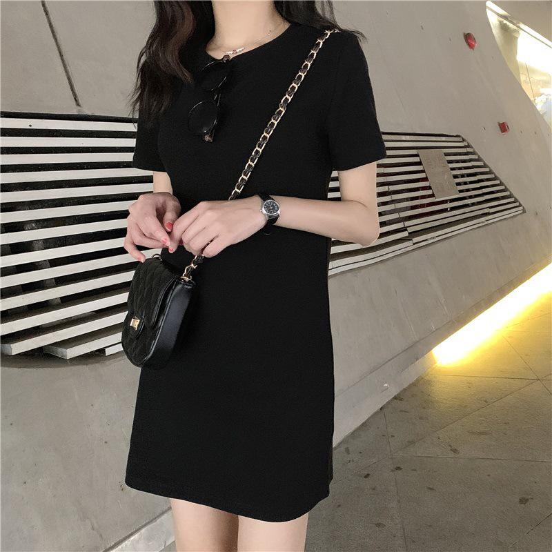 2024 Summer Korean Slim Solid Color Short-Sleeve Women's Midi Dress