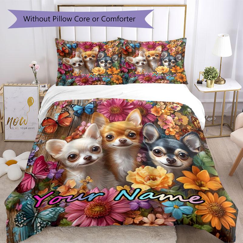 3PC Custom Name Chihuahua Friends Flowers Bedding Set Duvet Cover Closure Includes 1 Duvet Cover & 2 Pillowcases for Bedroom