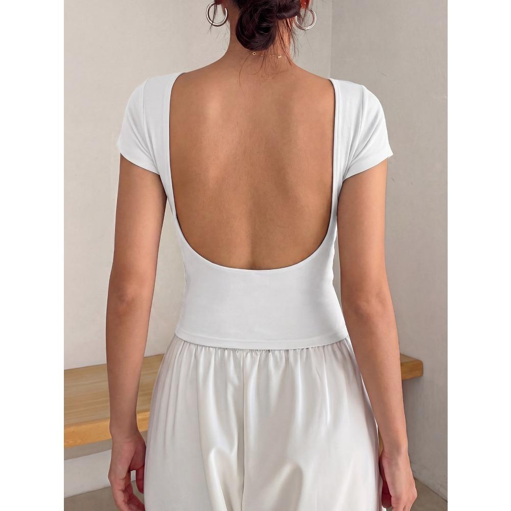 Women's Round Neck Short Sleeve Solid Color U Backless Slim Fit Cropped T Shirt Casual Summer Basic Workout Tee Top