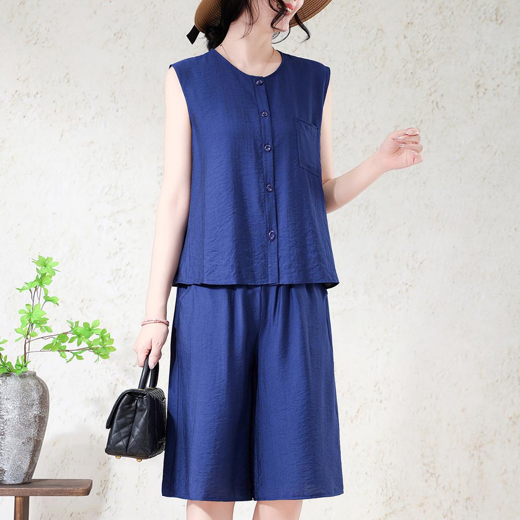 Ensemble 2 pièces pour femme grande taille en mélange de lin, Haut sans manches à boutons et Short large (XL-7XL)