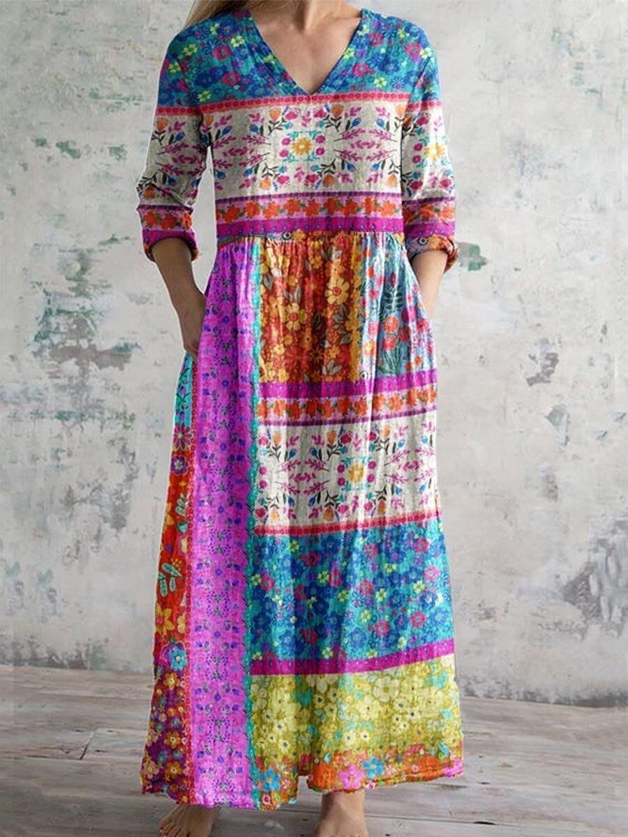 2026 European and American digital printing V-neck casual long flower dress retro European and American style S