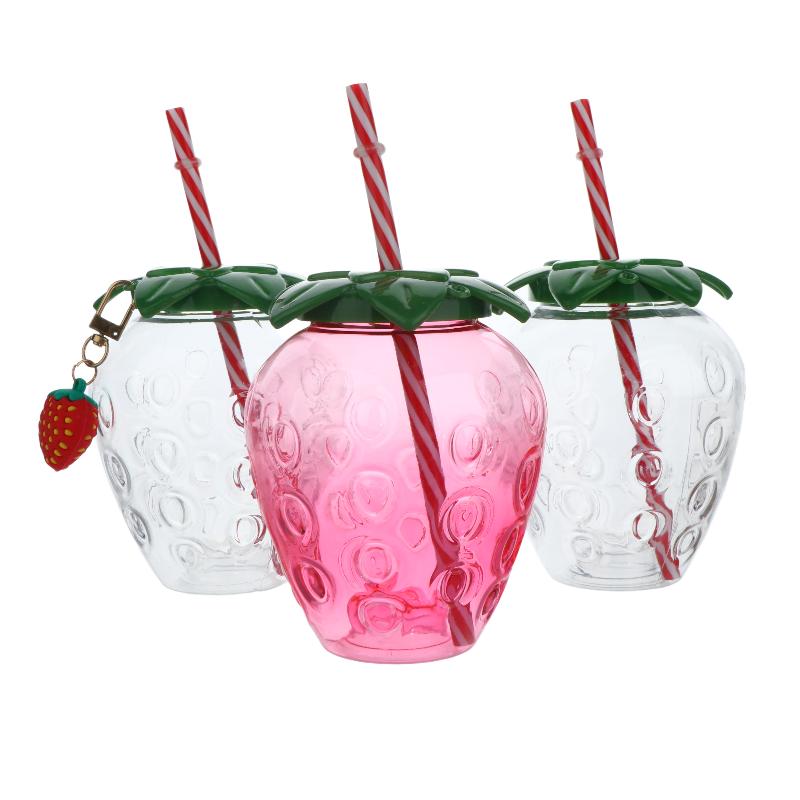 Portable Strawberry Shaped Water Bottle with Straw Cute Plastic Cup for Everyday Use