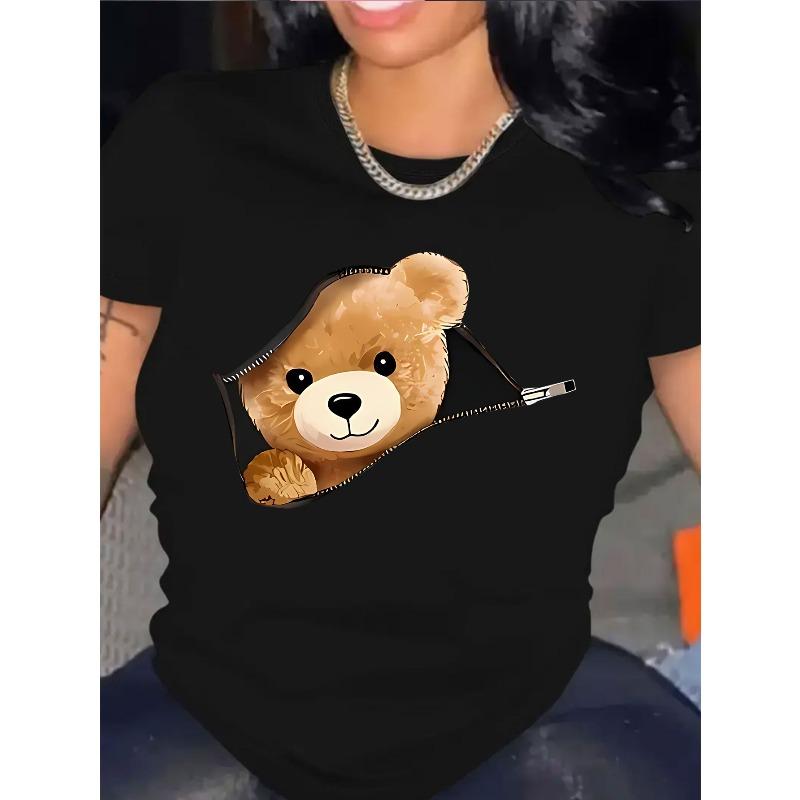 European Size Women'S Cute Cartoon Bear Print T-Shirt - Short Sleeve Crew Neck Casual Top with Playful Design,  Breathable for Spring & Summer