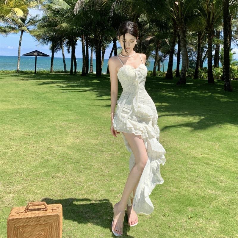 Fairy Long Dress Tailoring Irregular Layering Ruffle Edge Sexy Suspender Dress