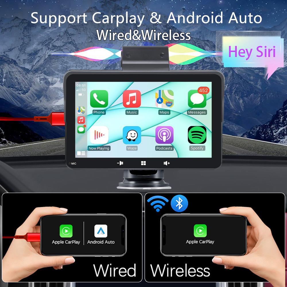 Portable 7" Touch Screen Multimedia Player Compatible with Wireless CarPlay Android With DVR 64G TF Card