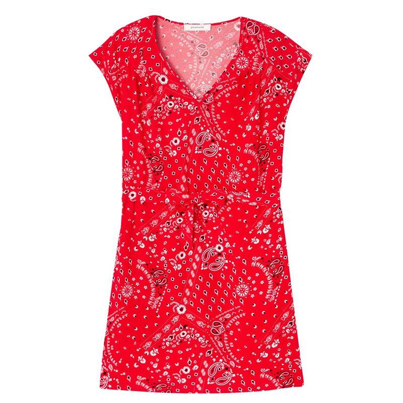 

The Color Is Very Beautiful Small V Neck Single Layer Cotton Silk Print Tile Sleeve Belt Dress Red Print 46