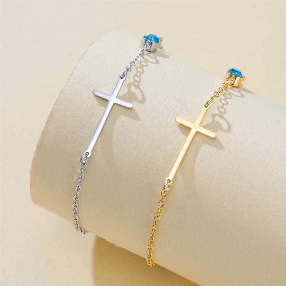 Cross Birthstone Zirconia Charms Bracelets Girls Summer Beach Thin Chain Cross Hand Chain July August Stainless Steel Jewelry