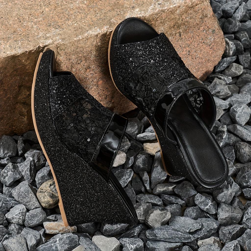 Women'S Elegant Slip-On Wedge Sandals with Glittery Sequin Lace Detail, Open-Toe Platform Heel & PU Cover Upper - Versatile Casual To Formal Shoes