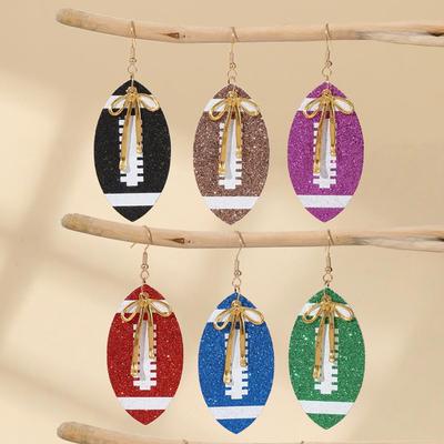European-American Super Bowl Sporty PU Leather Football Earrings with Alloy Bowknot