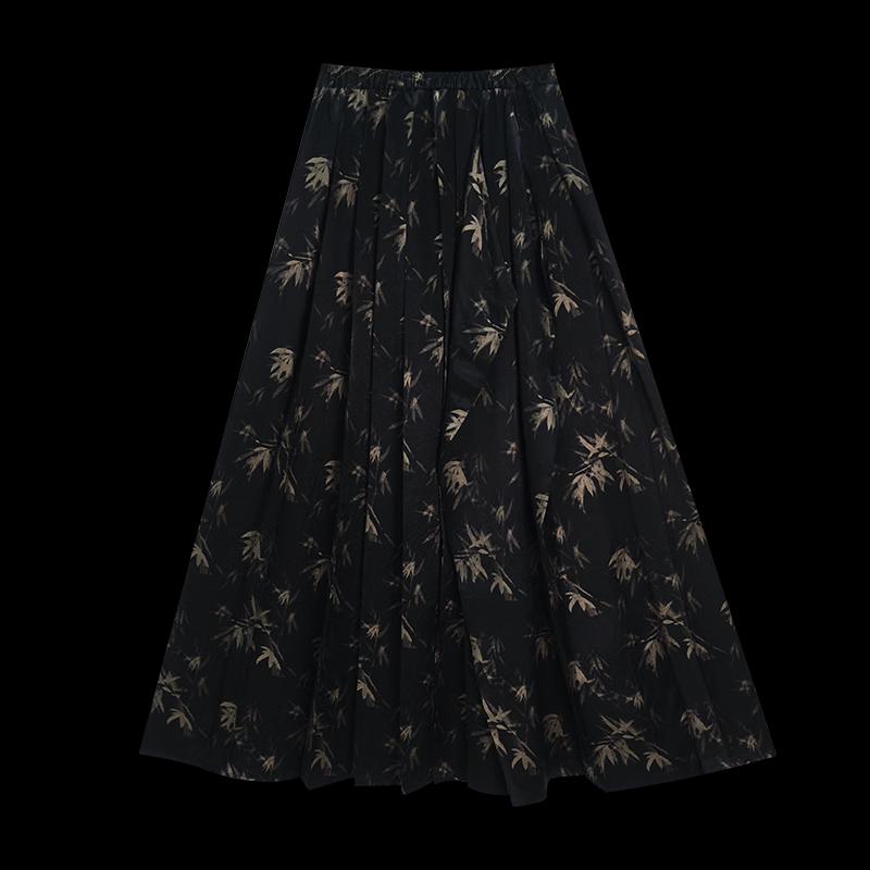HECO Fuguang New Chinese Style Acetate Bamboo Print A-Line Midi Skirt