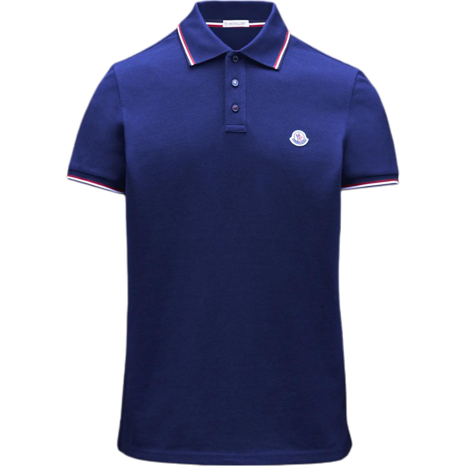 Moncler SS22 Logo Applicatie Gestreept Boord Korte Mouw Poloshirt Heren poloshirts Indigo H20918A7030084556796 M blue