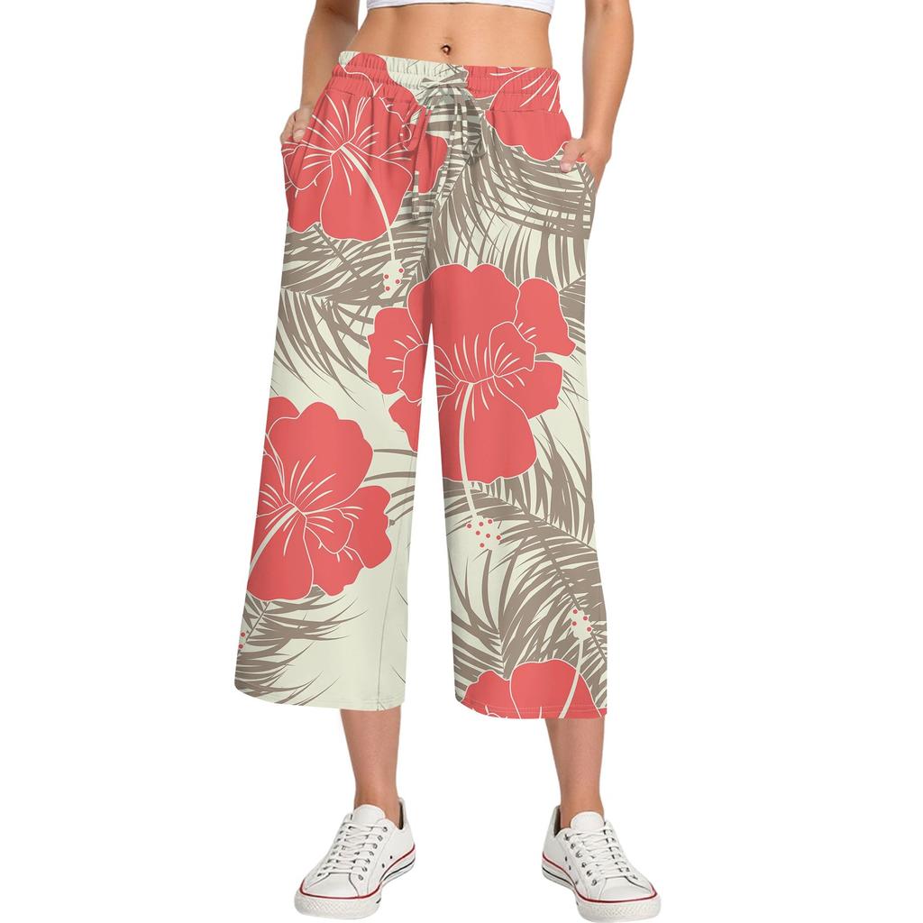 Damen Sommer Hohe Taille Bedruckte Freizeit-Sportbekleidung Lässige Cropped-Hose Weite Hose