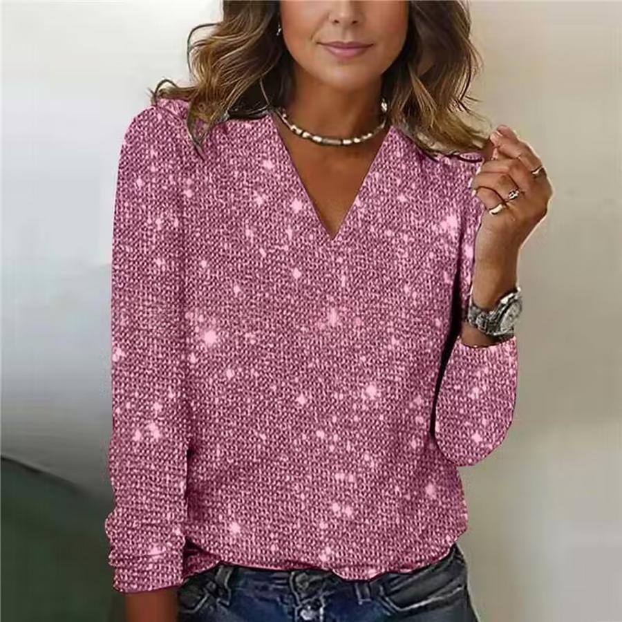 Haut tendance et élégant à col en V et manches longues avec paillettes