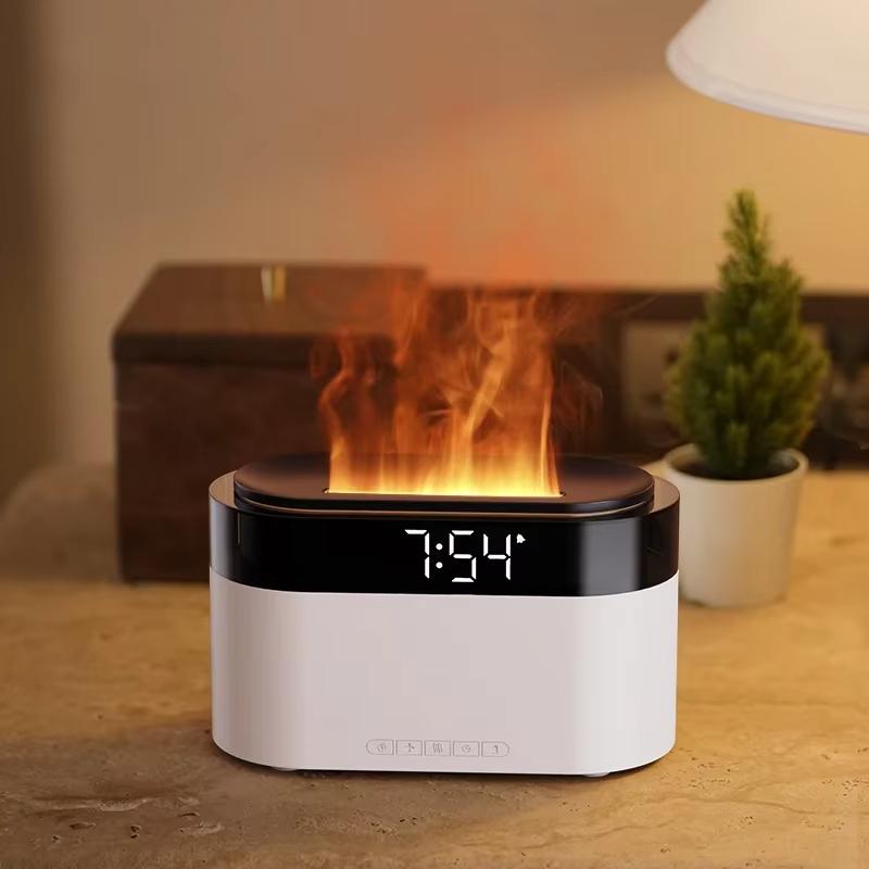 Clock Flame Effect Aroma Diffuser Essential Oil Humidifier Desktop Home Alarm Display Mist Device