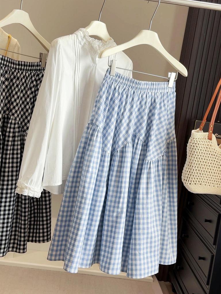 Women's Irregular Spliced Plaid A-Line Skirt - Pear-Shaped, Hip-Covering, Large Hem, Spring/Summer Style