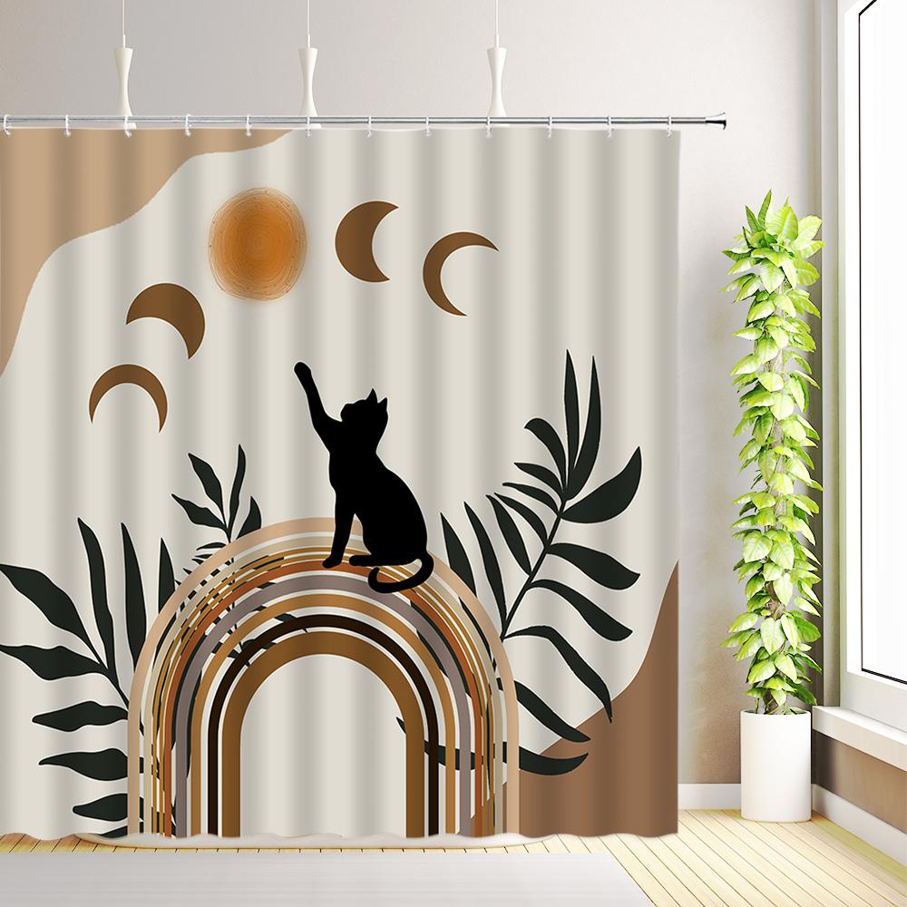 Mid Century Abstract Shower Curtain Boho Arch Sun Modern Minimalistic Plant Leaves Bathroom Decor Fabric Curtains with Hooks