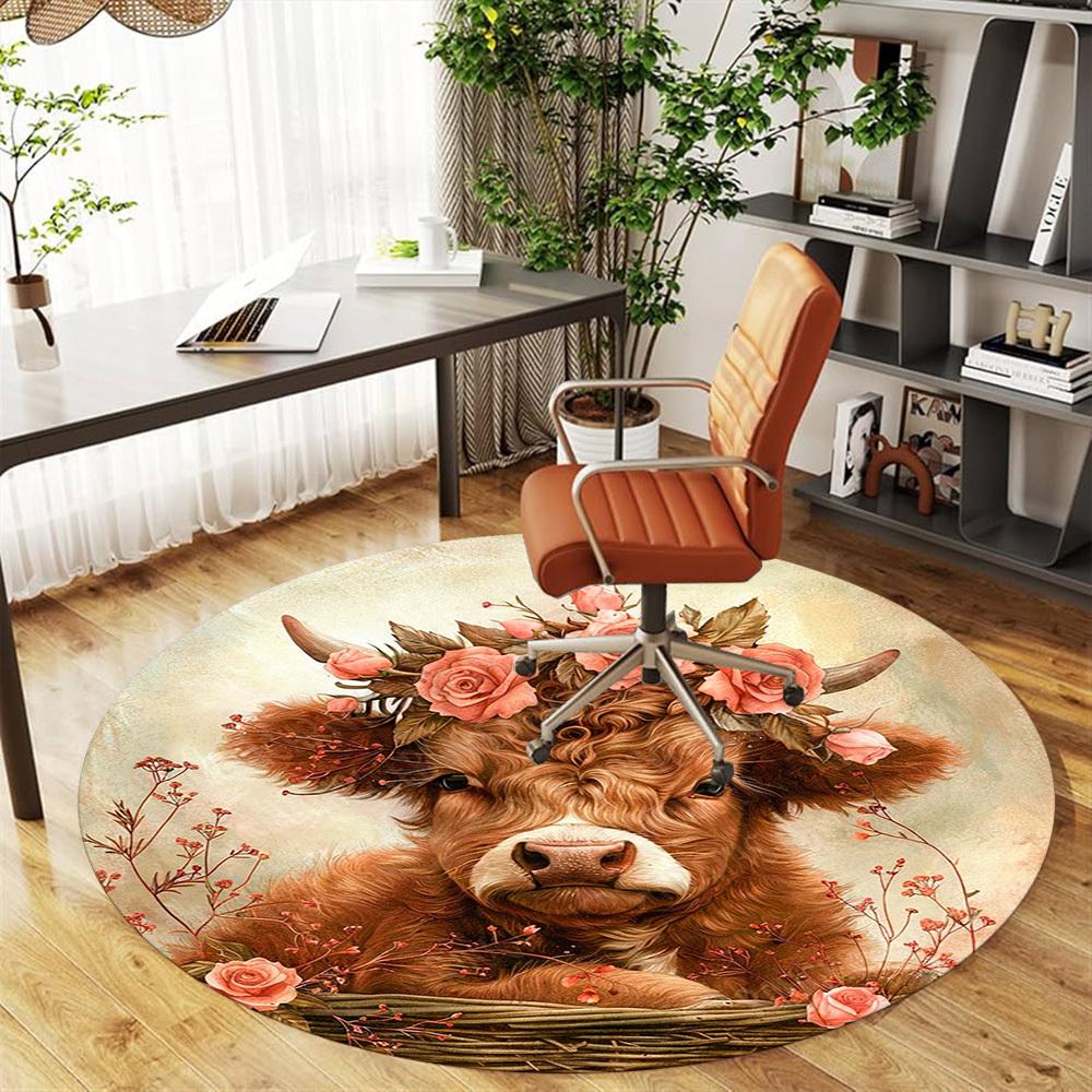 1PC Cow Flowers Office Round Area Rug, Under Office Chairs Bedroom Living Room Home Decor,Carpet for Office, -1110254