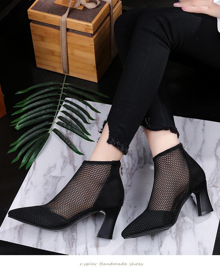 

Mesh boots hollow boots 2025 new spring and summer temperament pointed mesh cool boots versatile high-heeled short boots women s shoes 34 чёрный