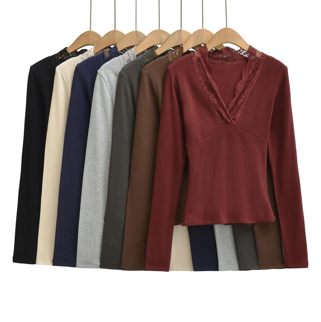 Women's Slimming Lace V-Neck Long-Sleeve Top - Autumn/Winter