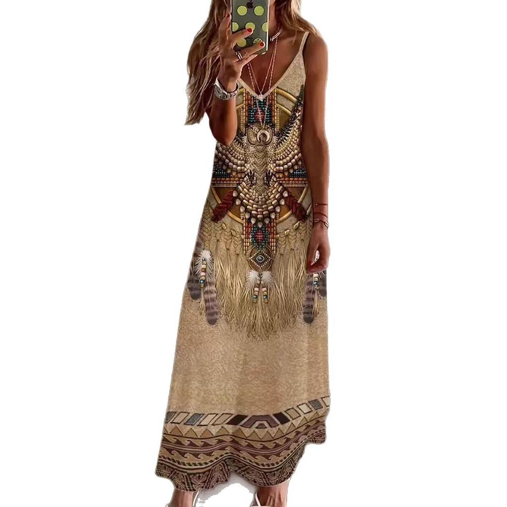Women's European and American Cross-border New Women's Clothing Fashion Casual Printing Suspender Dress Long Dress Source Factory Hair