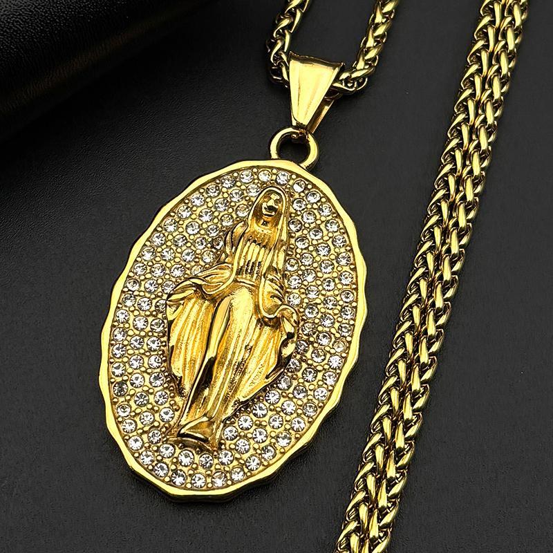 Virgin Mary Crystals Medal Oval Pendant Necklace for Women Men Stainless Steel Gold Color Catholic Religious Necklaces Jewelry