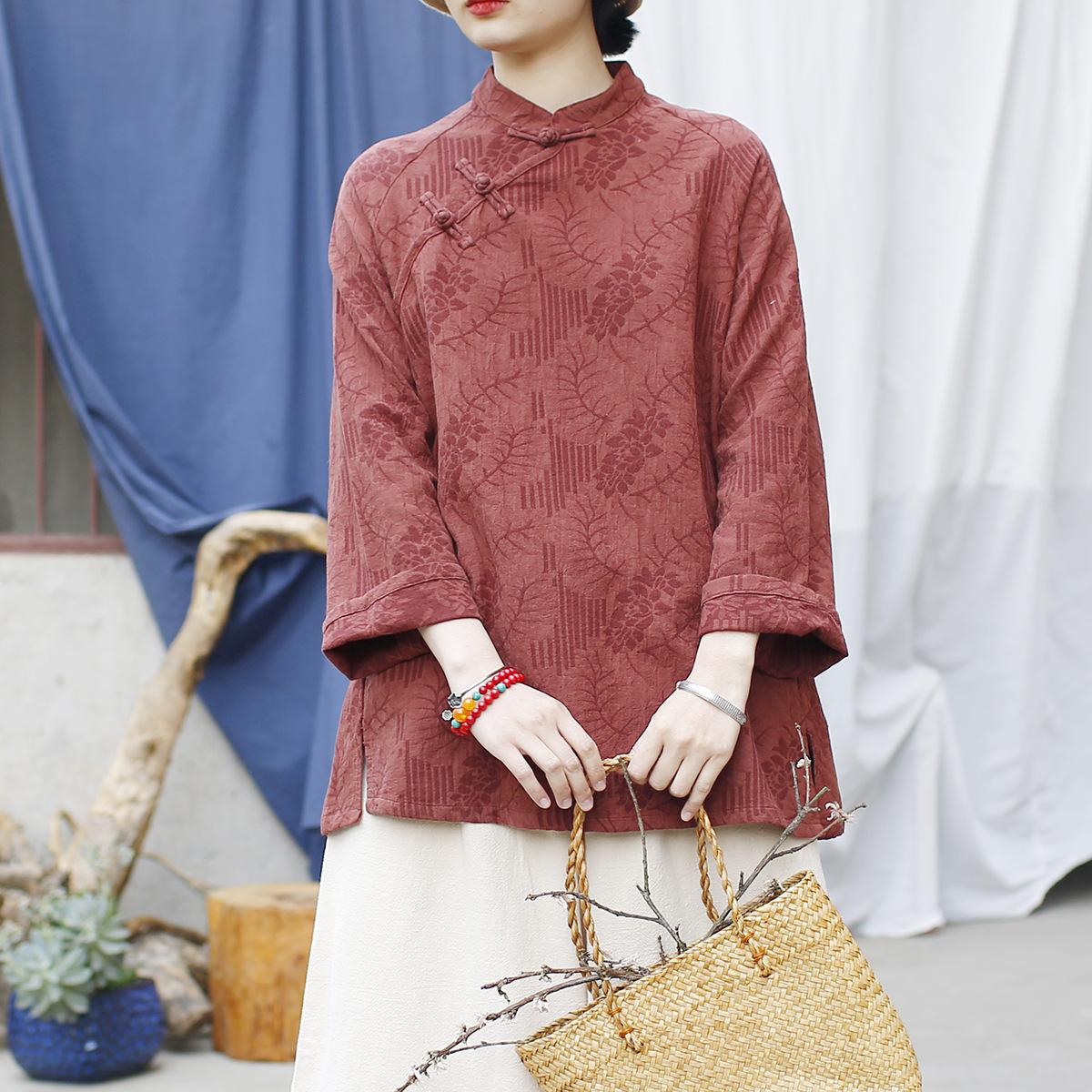 

Johnature Women Vintage Jacquard Shirts Tops Stand Long Sleeve Spring Chinese Style Button Soft Blouses One Size кофейный