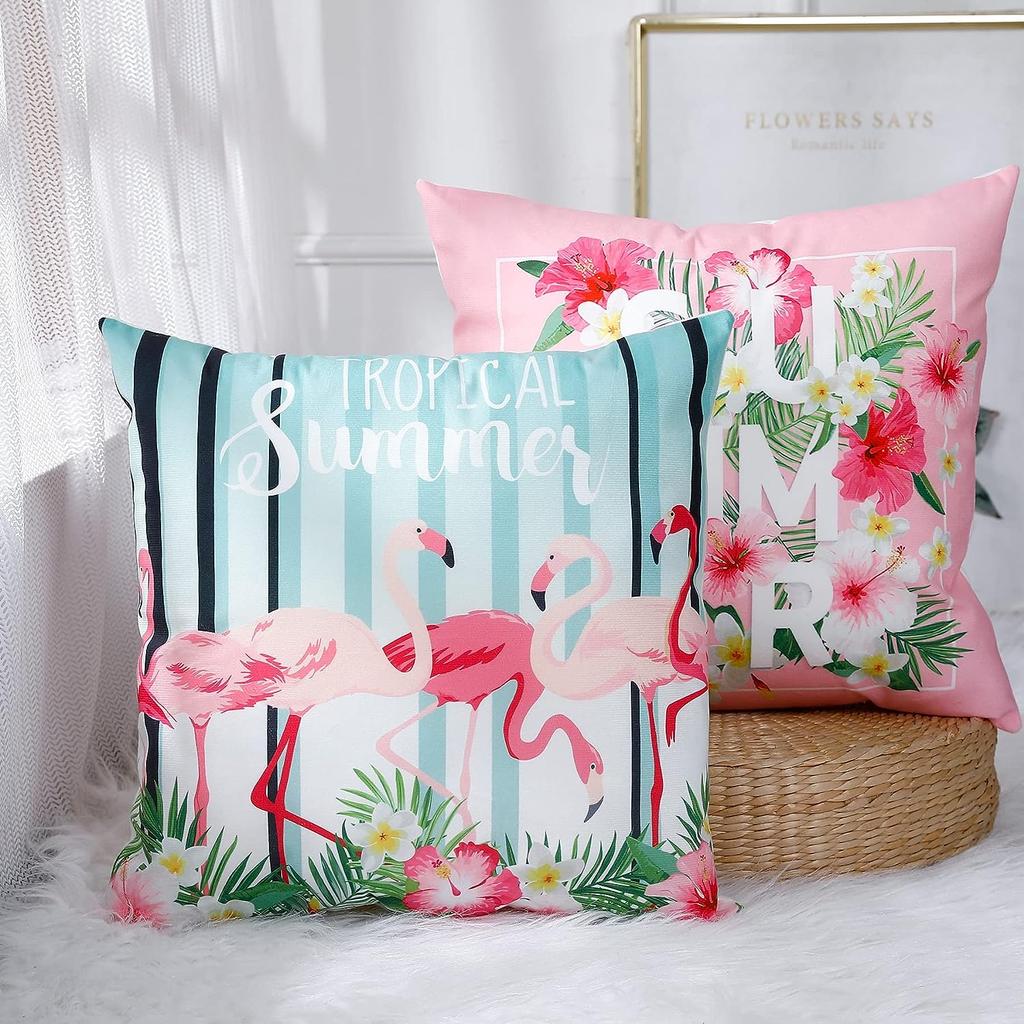 Flamingo Pillow Pillowcase 45 X45Cm Decorative Pink Pillowcase Leaves Cushion Cover Sofa Summer Holiday Home Decoration