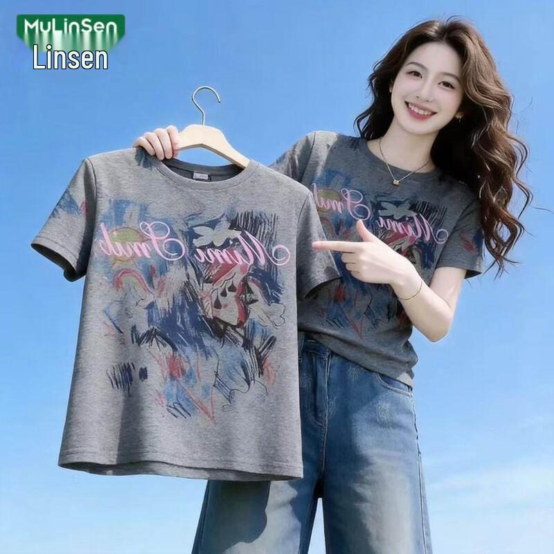 MULINSEN Women s Printed Short Sleeve Cotton T-Shirt 3XL серый