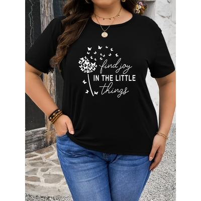 Plus Size Casual Short Sleeve T Shirt Black Floral Butterfly Dandelion Print Stretchy Round Neck Spring Summer Relaxed Fit Nontransparent Pullover